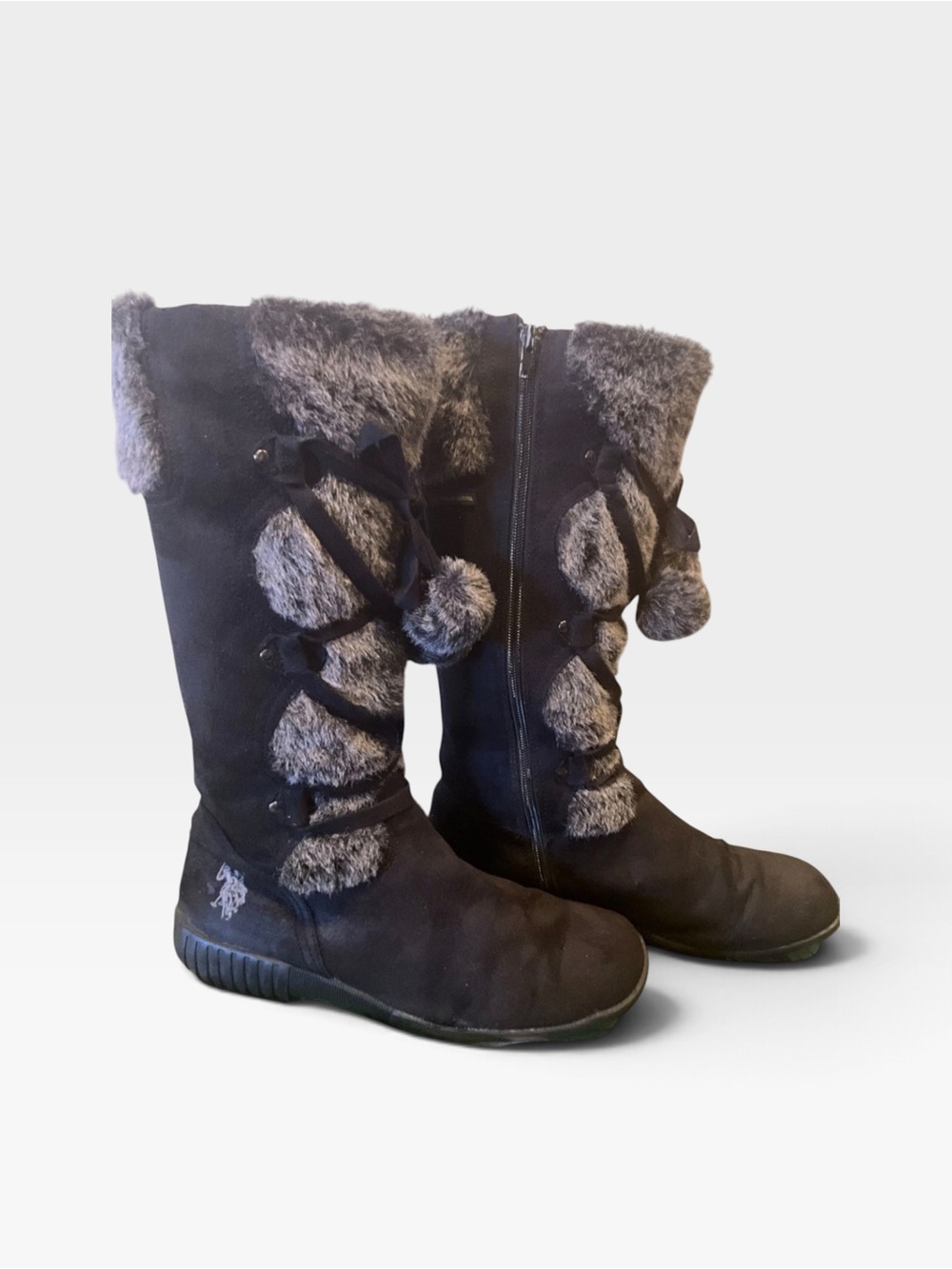 U.S. Polo Assn. Black Winter Boots with Gray Faux Fur and Pom Details